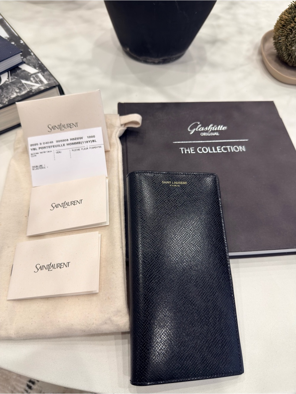 Saint Laurent Black Textured Long Leather Wallet with Gold Logo
